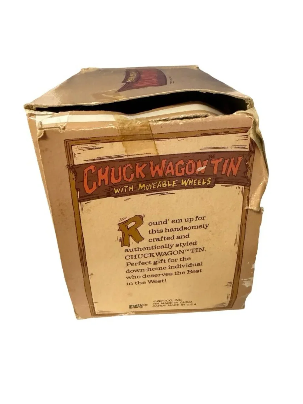 Vintage Giftco Chuck Wagon Tin With Moveable Wheels Western Covered Wagon Candy
